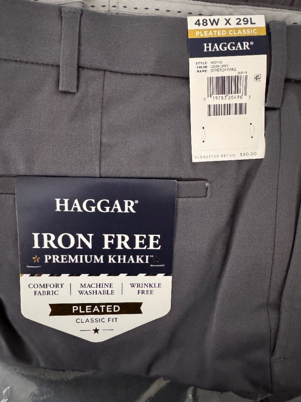 Haggar Mens 48x29 Iron Free Premium Khaki Gray Pleated Classic Fit NWT